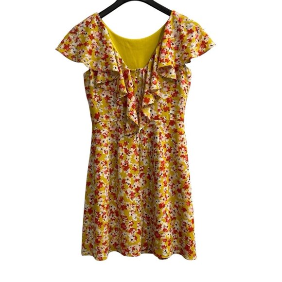 London Times Dress Womens 8 Yellow Floral Chiffon A Line Ruffle Sleeve Cottage - Picture 2 of 10